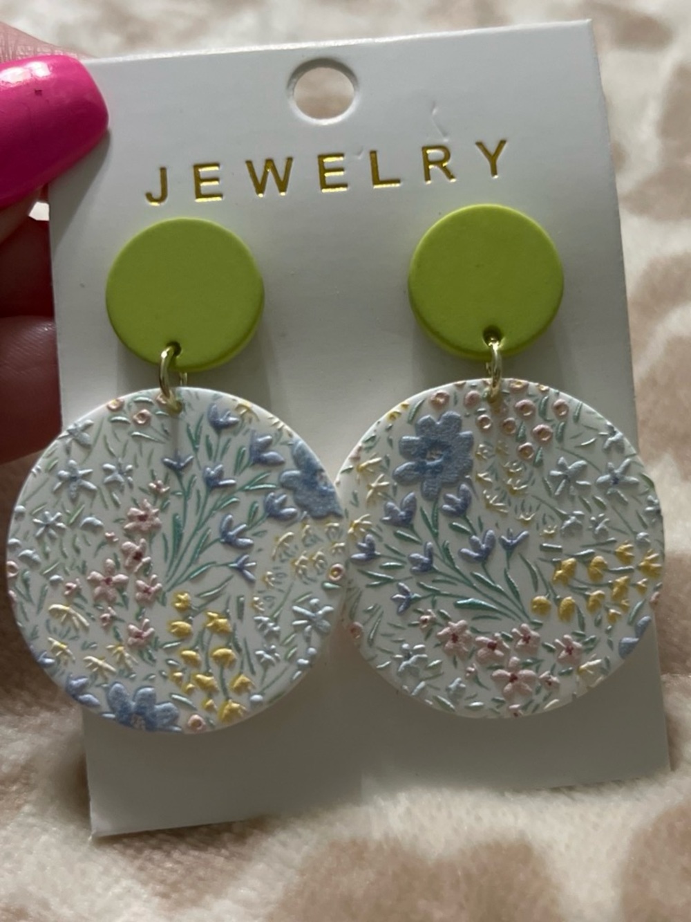 Floral Embossed White & Lime Drop Earrings